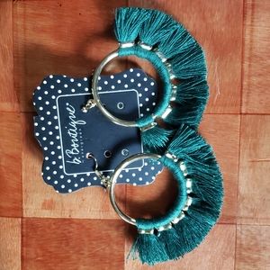 B.Boutique Green Tassel Hoop Earrings